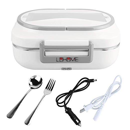 LOHOME Electric Heating Lunch Box Car Home Office Use Food Warmer Portable Bento Meal Heater with Stainless Steel Container 110V and 12V Dual Use (Grey)