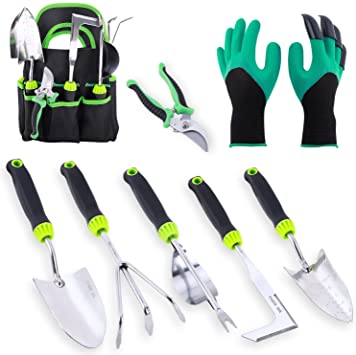 Garden Tools Set 8 pcs, Ohuhu Heavy Duty Gardening Tools Kit with Soft Rubberized Non-Slip Handle, Gardening Kit with Pruner, Weeder, Gloves and Durable Storage Bag, Gift for Gardeners, Women & Men