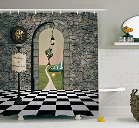 Alice in Wonderland Decorations by Ambesonne, Welcome Wonderland Black and White Floor Tree Landscape Mushroom Lantern, Polyester Fabric Bathroom Shower Curtain Set with Hooks, Multi