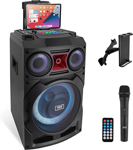 Portable Bluetooth PA Speaker System - 800W 10” Rechargeable Speaker, TWS, Party Light, LED Display, FM/AUX/MP3/USB/SD, Wheels - Wireless Mic, Remote Control, Tablet Holder Included - Pyle PHP210DJT