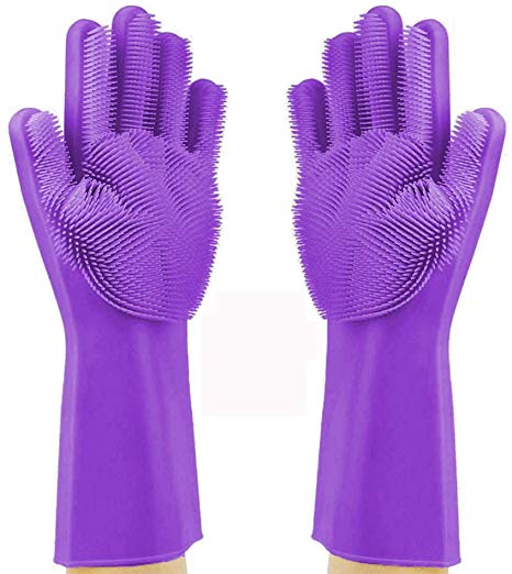 Reusable Silicone Dishwashing Gloves,Rubber Scrubbing Gloves for Dishes,Wash Cleaning Gloves with Sponge Scrubbers for Housework, Kitchen, Car, Window cleaning. 2019 New Ergonomic Design (13.6" Large)