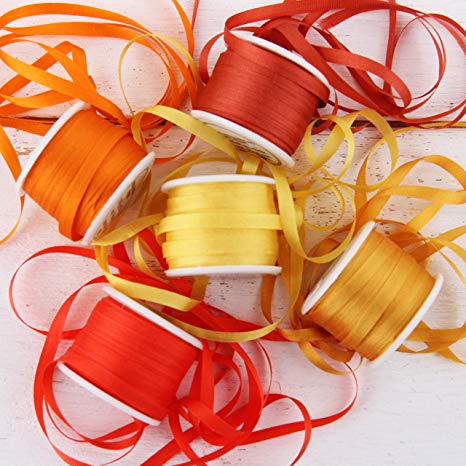 Threadart 4mm Silk Ribbon Set - Orange Shades - Five Spool Collection - 100% Pure Silk Ribbon - 10m (11yd) Spools - 55 Yards of Ribbon