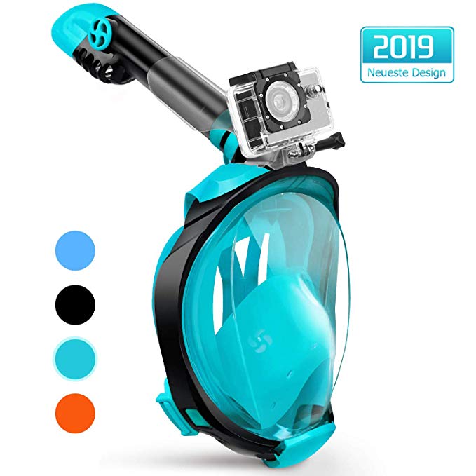 X99 Snorkel Mask, 2019 Upgrade Full Face 180° Panoramic View Diving Mask Set with Latest Dry Top System, Safe Breathing Design Anti-fog and Anti-leak with Detachable Sport Camera Mount for Adults Men and Women