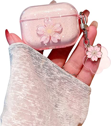 Ownest Compatible for AirPods Case, Cute 3D Heart Clear TPU Shockproof Cover Case Glitter with Bell Keychain for Women Girls for Airpods Pro-Flower