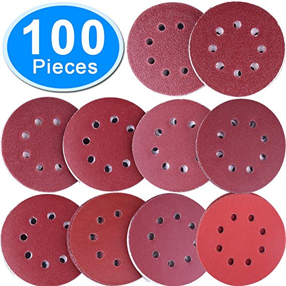 SIQUK 100 Pieces Sanding Discs 5 Inch 8 Holes Hook and Loop Sanding Disc 80/180/ 240/320/ 400/800/ 1000/1500/ 2000/3000 Grit Assortment for Random Orbital Sander