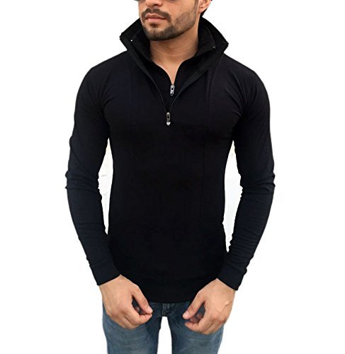 Tees Collection Men's Stylish Half Zip Double Flap Collar Full Sleeve Slim Fit T-Shirt (Black_TCDZF001)