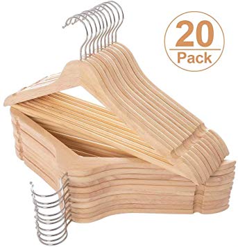 Elong Home Solid Wooden Hangers 20 Pack, Wood Suit Hangers with Extra Smooth Finish, Precisely Cut Notches & Chrome Swivel Hook, Wooden Clothes Hangers for Shirt Coat Jacket Dress