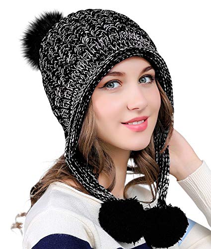 Urban CoCo Women's Winter Cable Knitted Pom Pom Beanie Hat Earflap Caps