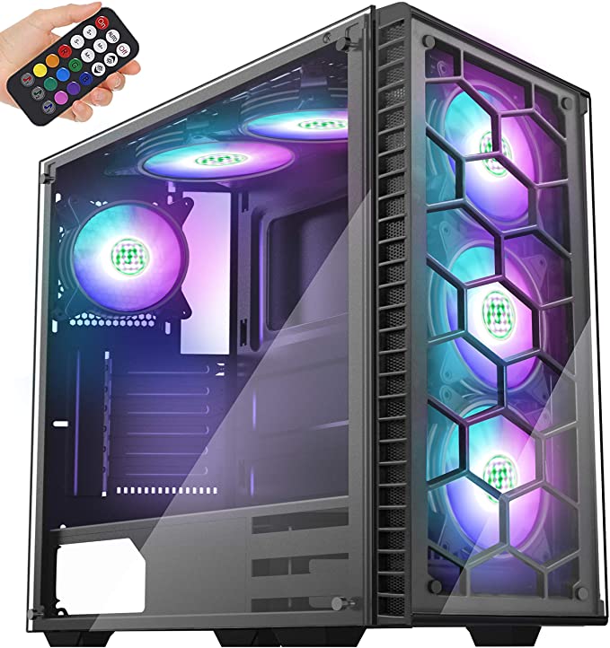 MUSETEX Phantom Black ATX Mid Tower Desktop Computer Gaming Case USB 3.0 Ports Tempered Glass Window with 120mm LED RGB Fans Pre-Installed (903MN6)