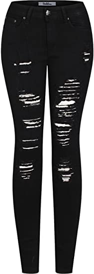 2LUV Women's Stretchy 5 Pocket Destroyed Dark Denim Skinny JeansÂ