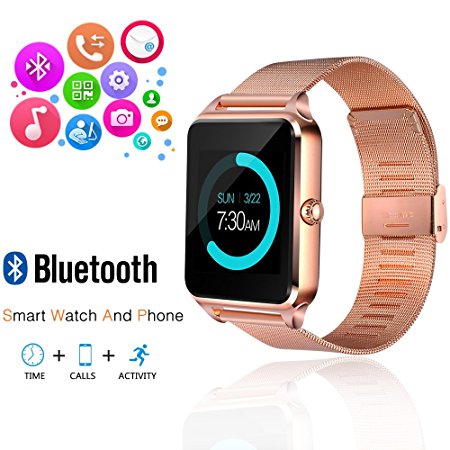 Smart Watch, GEEKERA Bluetooth Watch Wristwatch Phone with SIM Card Slot / Touch Screen / Camera for iPhone 6s/6 Plus/5s/5c/4 and Android Samsung Galaxy 6/5/4 Note 4/3/2 Sony HTC LG Huawei (Gold)