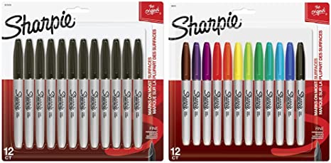 Sharpie Permanent Markers, Fine Point, Black, 12 Count & Fine Point Permanent Marker, Assorted Colors,12-Count