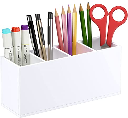 HIIMIEI Acrylic Pen Holder White Pencil Cup Organizer 4 Compartments for Home, Office and School Countertop Desk Accessory Storage