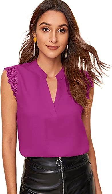 Milumia Women's Elegant Notch V Neck Sleeveless Blouse Guipure Lace Work Office Solid Top