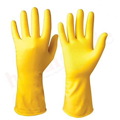 KMG® Cleaning Gloves Reusable Rubber Hand Gloves, Stretchable Gloves for Washing Cleaning Kitchen & Garden (Sunrise Yellow, 1 Pair, 9 INCH)