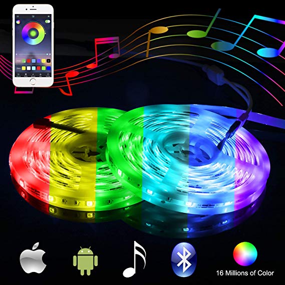 Music Bluetooth Led Light Strip Smart-Phone Controlled 32.8ft Waterproof SMD5050 300LEDs with 12V Power Supply for Indoor Decor Party and Bar
