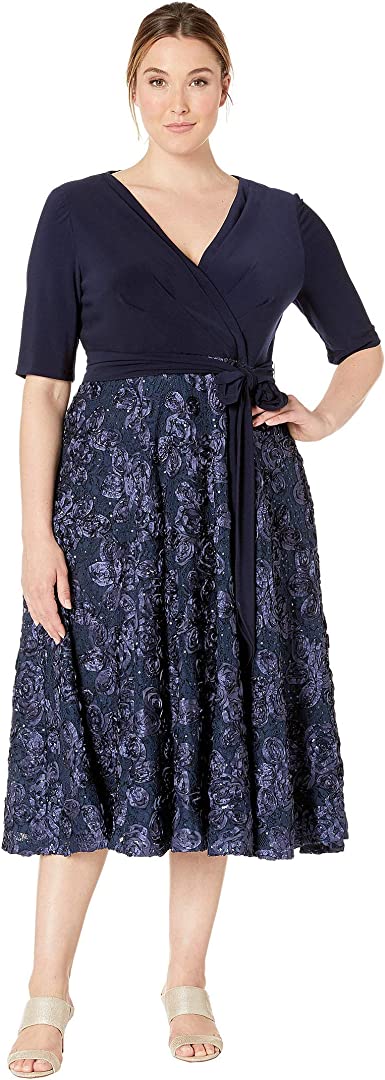 Alex Evenings Women's Plus Size Tea Length Dress with Rosette Detail