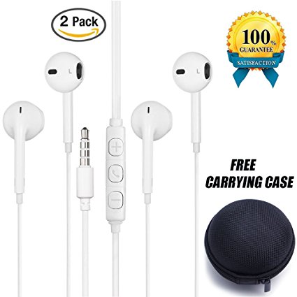 Poweron 2 Pack Earbuds 3.5m Jack Universal Headphones Earphones With Remote Control Mic Volume For iPhone iPod iPad All Samsung Galaxy S6 S7 Note 4 5 6 Free Carrying Case