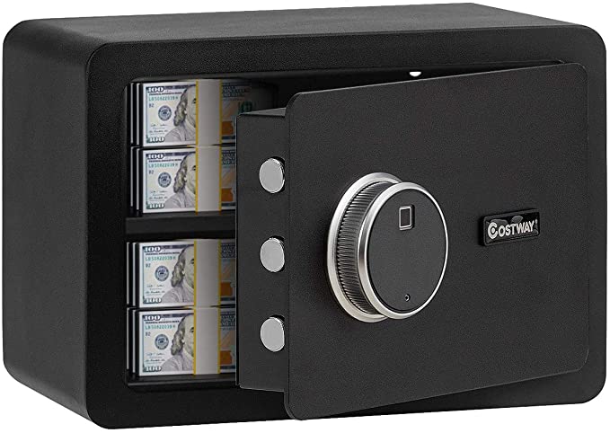 COSTWAY 0.5 Cubic Feet Fingerprint Safe Security Lock Box, Safe Cabinet with Inner LED Light, 2-Layer Security Safe Deposit Box with 2 Override Keys Ideal to Store Cash, Jewelry, Guns, Valuables