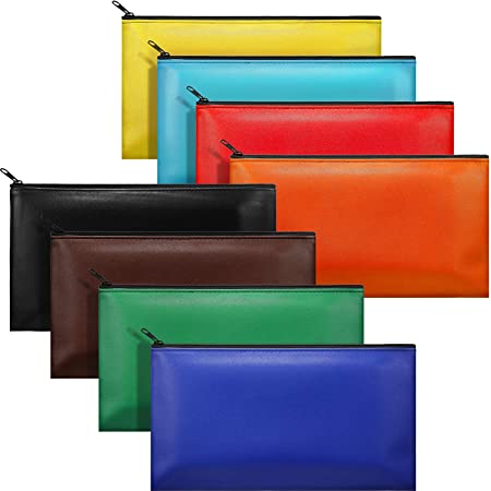 8 Pieces Deposit Bank Bag, 8 Colors PU Leather Zipper Coin Bag Cash Tool Pouch for Business, Household, School or Personal Use, 11 x 6 Inch