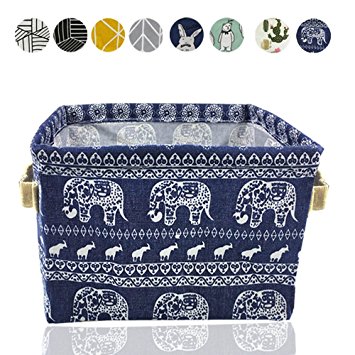 Small Foldable Storage Basket Canvas Fabric Waterproof Organizer Collapsible and Convenient For Nursery Babies Room 100% COTTON with Handle (Elephant)