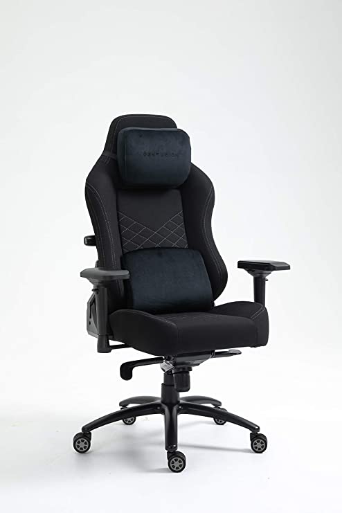 Centurion Black Fabric Gaming/Office Chair – Ergonomic design custom headrest pillow, integrated lumbar support, lumbar pillow, 4D adjustable armrests & recliner, steel base and class 4 gas lift