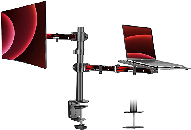 Suptek Full Motion Computer Monitor and Laptop Riser Desk Mount Stand, Height Adjustable (400mm), Fits 13-27 inch Screen and up to 17 inch Notebooks, VESA 75/100, up to 22lbs for Each (MD6432TP004WR)