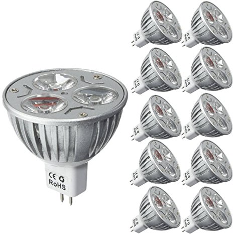 KINGSO 10x MR16 3W 3 LED Chip Pure White Bulbs Not Dimmable 30W Halogen Bulb Equivalent 6000K 300LM Recessed Light Lamp Lighting Spotlight GU5.3 Base Energy Saving DC 12V Bright