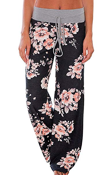 Angashion Women's High Waist Casual Floral Print Drawstring Wide Leg Pants