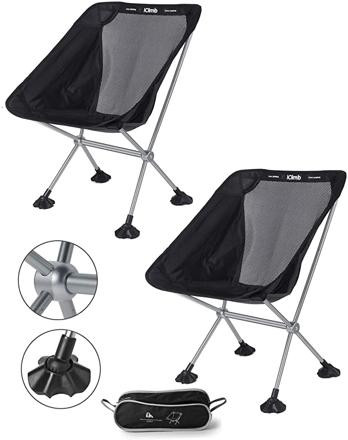 iClimb Ultralight Compact Camping Folding Beach Chair with Large Feet (Black - Metal Connection - 2 PC)