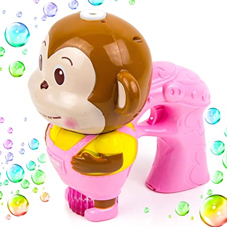 Toysery Monkey Bubble Gun Machine, LED Bubble Blaster Summer Party Toy with Music, Leak Resistant Bubble Blower Gun Perfect Easter, Birthday, New Year, for Toddler Boys Girls - Pink