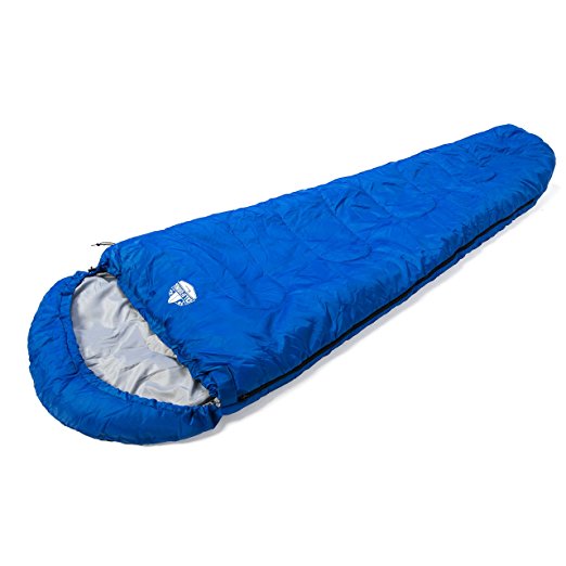 California Basics 3-4 Season 400GSM Mummy Sleeping Bag with Water-Resistant Shell for Camping, Hiking, and Outdoors, Drawstring Hood, Collar and Compression Bag Included
