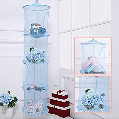 IDS Hanging Mesh Space Saver Bags Organizer 4 Compartments, Mesh Hanging Storage Organizer Toy Storage Space Saver Bags for Kid Room, Blue