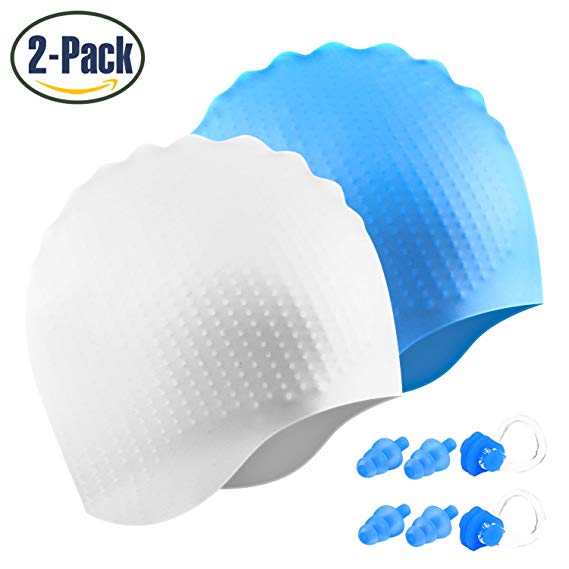 Swim Cap for Men Women, 2 Pack Silicone Solid Unisex Swimming Cap for Short Hair & Long Hair, Comfortable UV Swimming Hat for Adult Men Women Youth Junior Kids with Nose Clips & Ear Plugs
