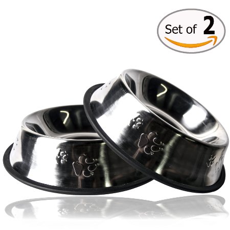 Gpet Dog Bowl 32 Ounce Stainless Steel Long Durability with Rubber Base That Bowls Wont Slip Pet Can Use for Water and for Food Made with Love to Your Puppy Beautiful Dish with Paw Design Set of 2