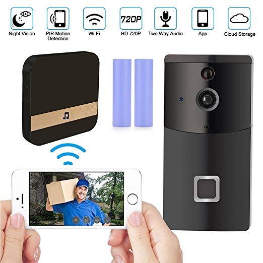 WiFi Video Doorbell Camera, Smart Doorbell 720P HD Security Camera with Cloud Storage, Chime and Rechargeable Batteries, Real-Time Video and Two-Way Talk, Night Vision, PIR Motion Detection