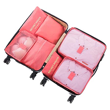 Oniche Travel Packing Cubes, Multi-Function 7 Set Luggage Organizer with Laundry Bag, Luggage Compression Pouches Gray (7 pcs Watermelon red)