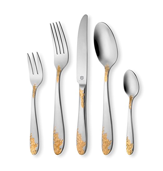 DANIALLI	20-Piece	24K	Gold	Plated	Flatware	Set	For	4,	Modern	Imperial	Design	Silverware	Set,	18	10	Stainless	Steel	Utensils	Set	of	Golden	Cutlery,	Include	Knife/Fork/Spoon,	Dishwasher	Safe