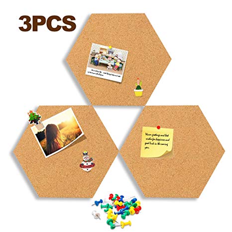 Hexagon Cork Board Tiles 11.8''×10.2'' Adhesive Wood Hexagon Pad Bulletin Big Size Message Board Pin Board Decoration with 30 PCS Pushpins for Photos, Notes, Goals, Pictures (3 Pack)