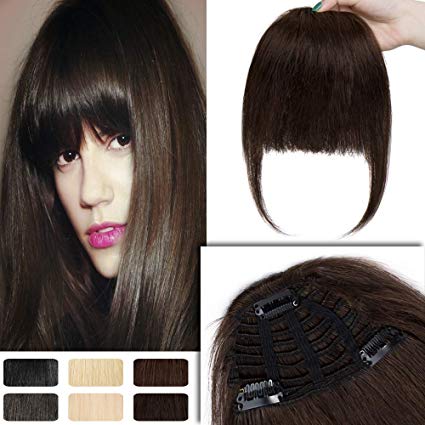 Clip in Human Hair Bangs with Temple Full Fringe One-Piece Short Straight Clip on Extensions Hair Piece Accessories for Women #2 Dark Brown