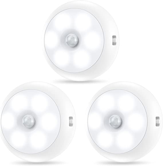 AMIR Newest Motion Sensor Light, Battery-Powered LED Night Light, Cordless Closet Lights with Three Modes, Cabinet Lights, Stair Lights, Wall Light for Hallway, Kitchen, Bedroom (White - Pack of 3)