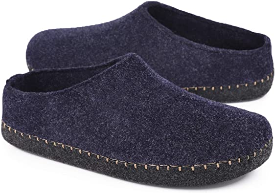 Men's Women's Comfy Faux Wool Felt House Slippers Closed Back Fleece Clog Style Shoes with Anti-Slip Rubber Sole