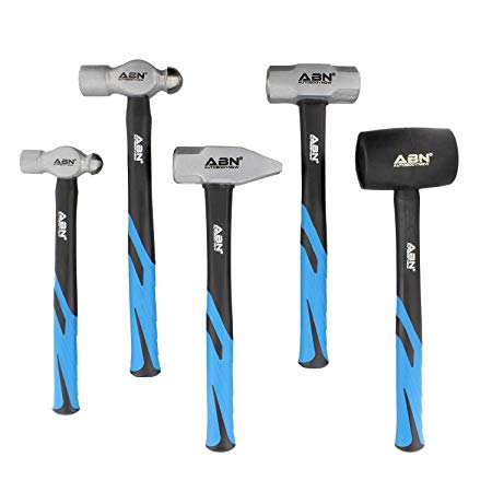 ABN Hammer Set - 5 Piece Shock-Absorbing Fiberglass Handles with Textured Cushion Grips, from Delicate to Extensive Jobs