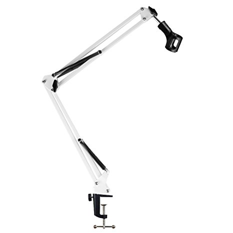 Microphone Boom Stand, Heavy Duty Studio Suspension Mic Arm Stand for Blue Snowball Yeti with Flexible Standard Condenser Microphone Clip (White)