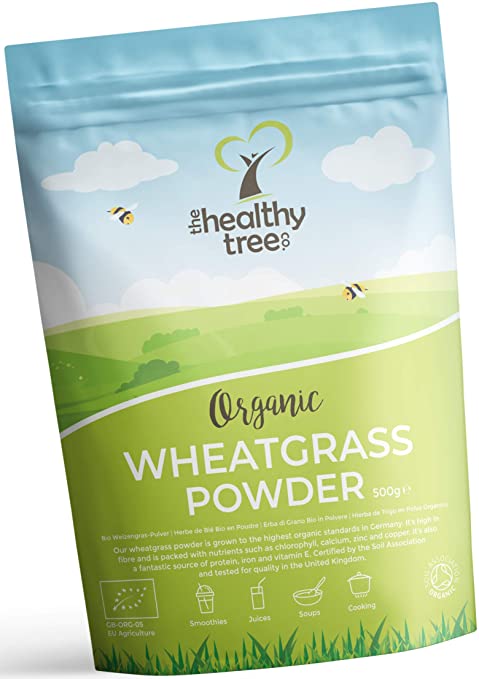 Organic Wheatgrass Powder by TheHealthyTree Company - High in Fibre, Vitamin E, Potassium and Iron - Pure Vegan Wheat Grass from Germany, Perfect in Green Juices (500g)