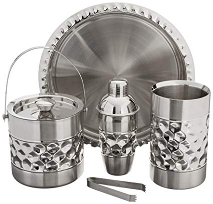 Francois et Mimi Stainless Steel Bar Tools Set, Including Ice Bucket, Wine Chiller, Cocktail Shaker and Serving Tray