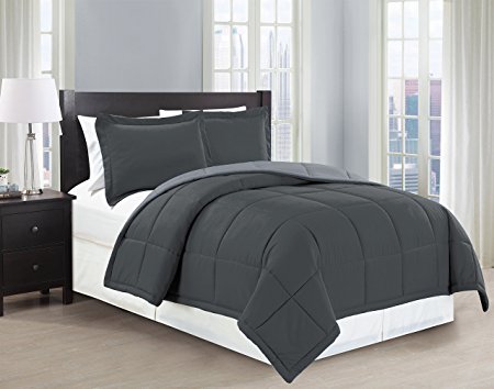 Mk Collection 3 pc Down Alternative Comforter Set Solid Reversible Full/queen, Charcoal/Grey New