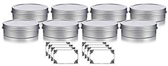 2 oz Metal Steel Tin Flat Container with Tight Sealed Twist Screwtop Cover (8 pack)   Labels