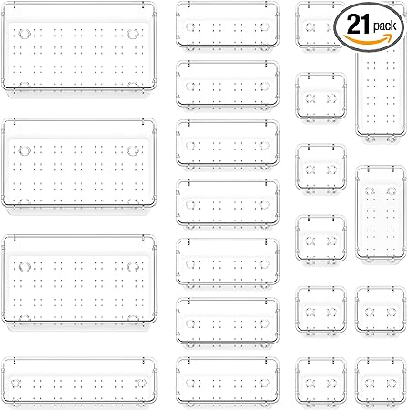 Lifewit 21 PCS Drawer Organizer Set Clear Plastic Desk Drawer Dividers Trays Dresser Storage Bins Separation Box