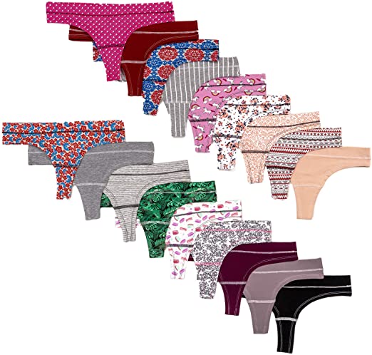 Alyce Intimates Women’s Cotton Thong Panties, 18 Pack, Assorted Colors & Prints